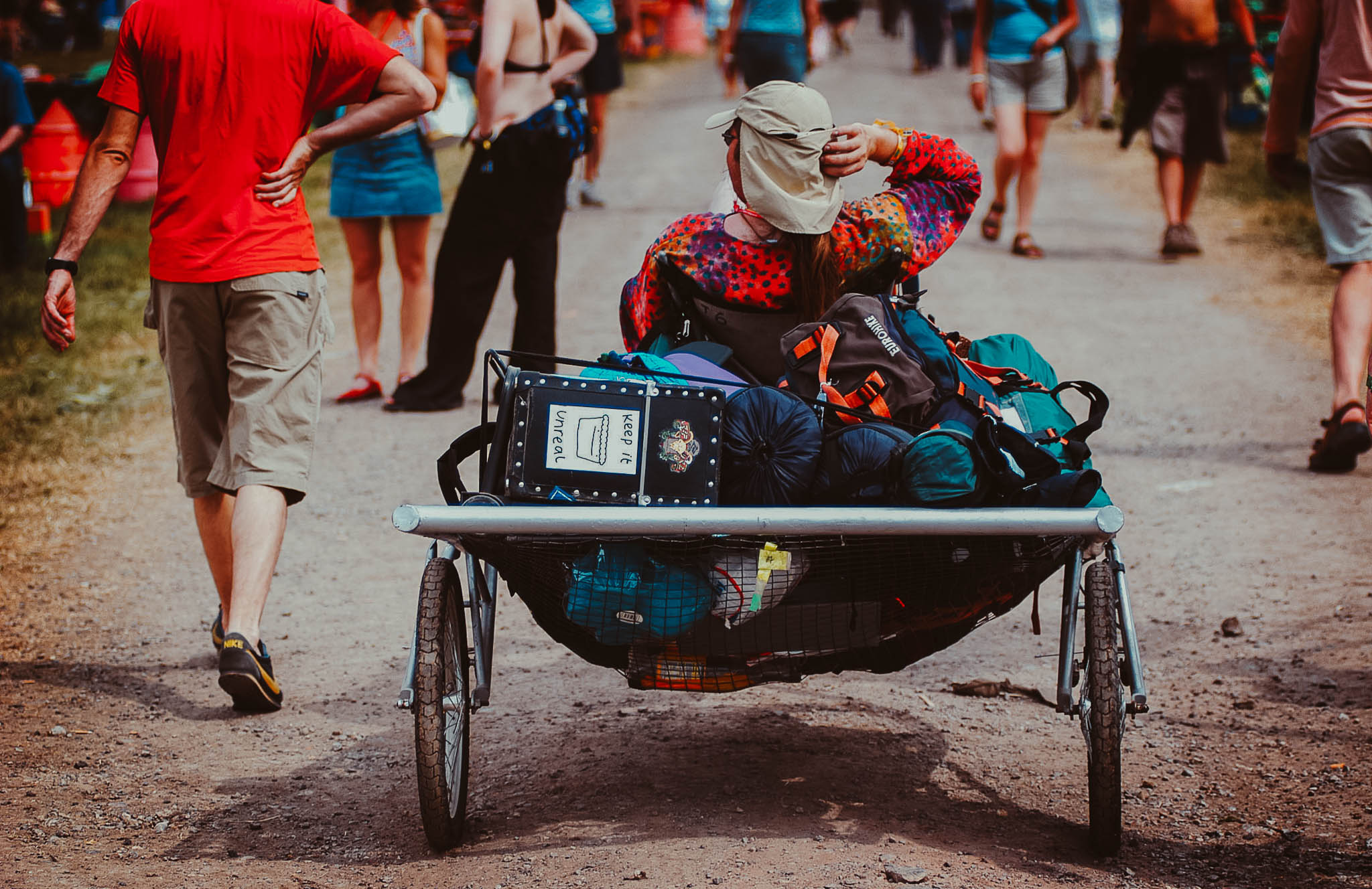 A festivalgoer arrives in style at Glastonbury Festival
