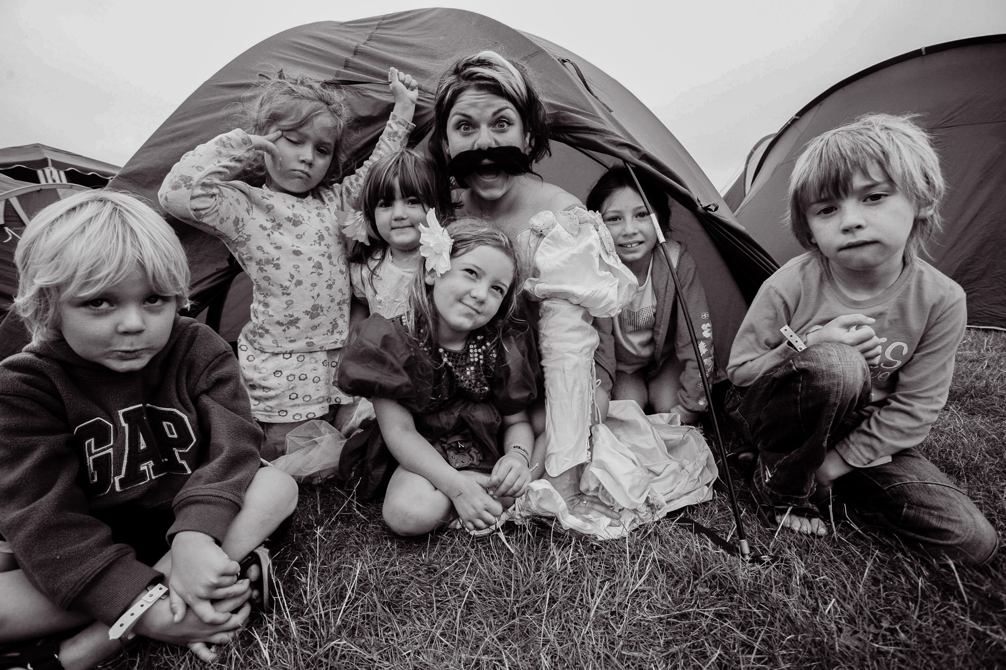 Caitlin Moran with her two daughters and their friends at the Big Chill Festival